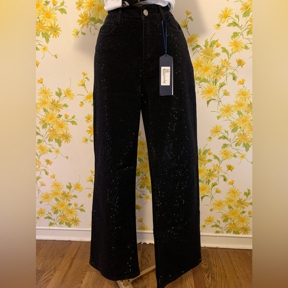 NWT Black rhinestone high waist wide/straight leg jeans size 5 - Picture 5 of 14